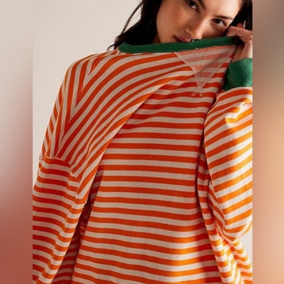 NWOT Free People Classic Striped OversizedCrewneck orange/green stripes Sz Small - Picture 2 of 5